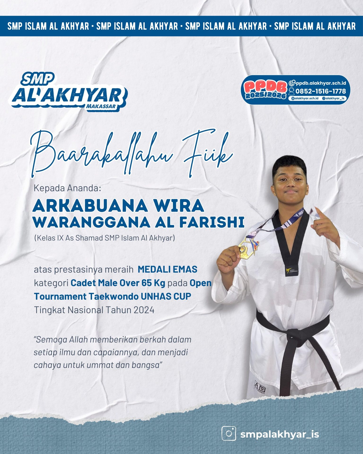 Kebanggaan SMP Islam Al Akhyar : Medali Emas di Tournament Taekwondo Tingkat Nasional